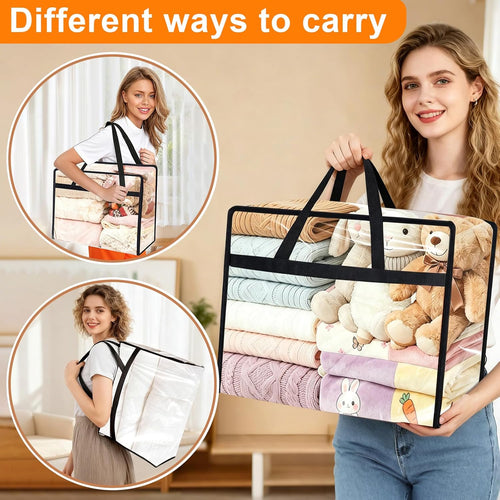 4 Pack Clear Clothes Storage Bags, Vinyl Blanket Storage Containers with Heavy Duty Zipper, Foldable Moving Bags, Closet Organizers for Bedding, Clothing, Comforters, Linens, Duvet (40L)