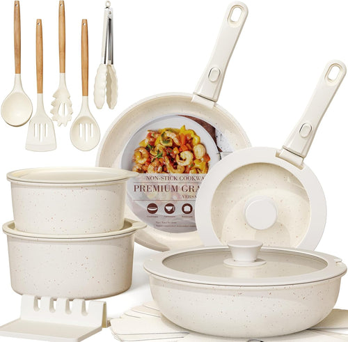 21 Pcs Pots and Pans Set Non Stick, Ceramic Cookware Set Detachable Handle, RV Kitchen Cooking Set Removable Handles, Oven Safe, Induction Ready, Stackable, Cream, Fathers Day Gift for Men