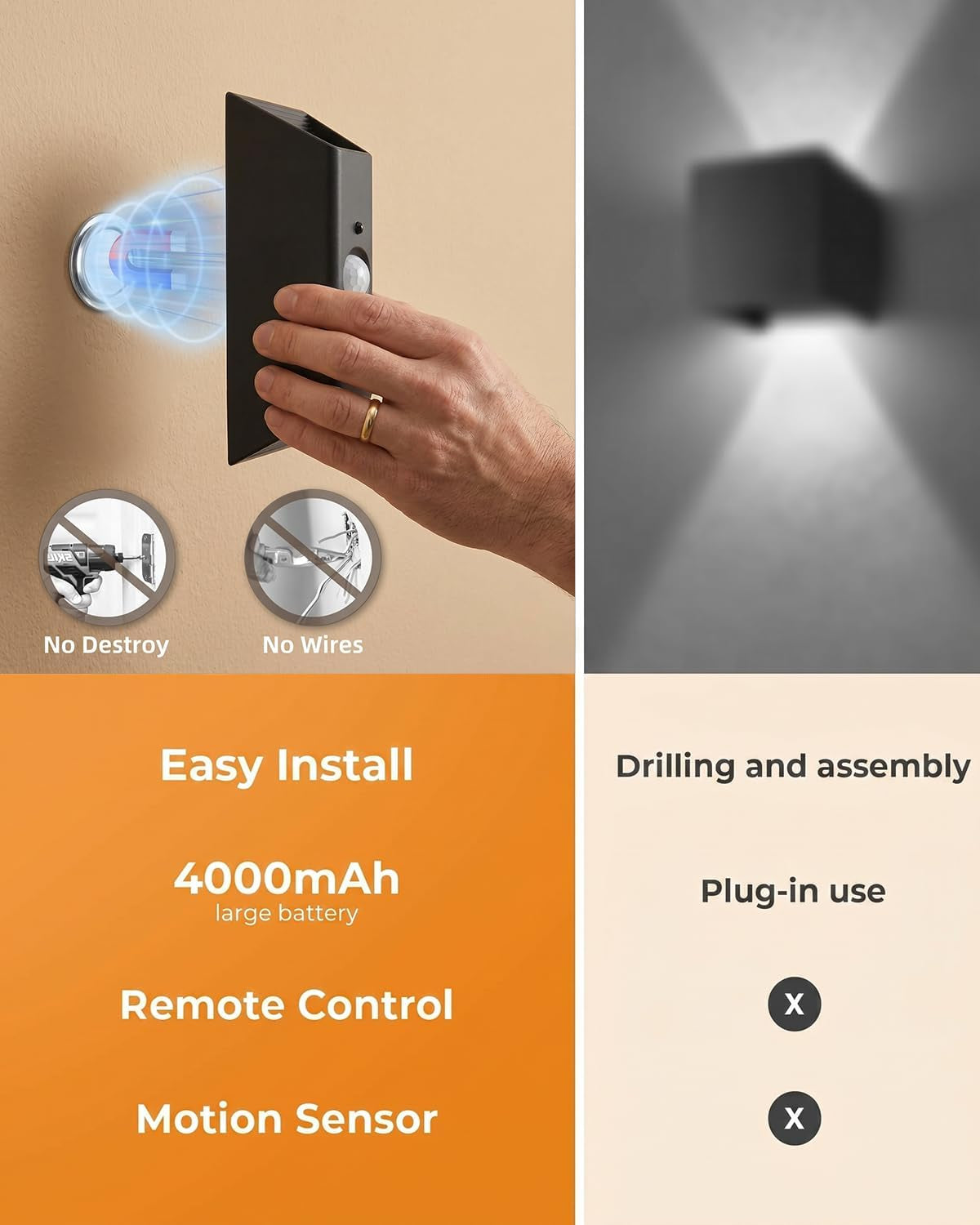 HOEOSE Rechargeable Wall Lights, Magnetic Battery Operated Wall Sconces Set of 2, Wireless Motion Sensor Night Light with Remote, Timer, 3 Color Temps & Dimmable, Wall Lamps for Bedroom, Living Room