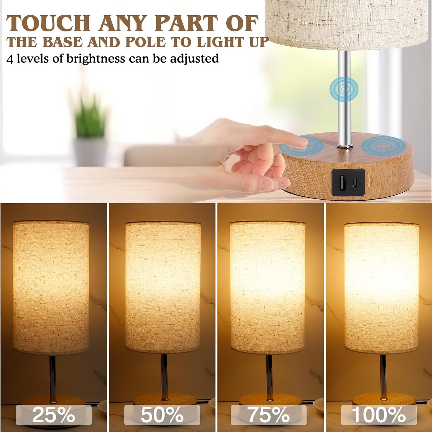 Touch Control Bedside Table Lamp with USB-C Charging Ports, 4-Way Dimmable Nightstand Lamp with Wood Base & Fabric Shade for Bedroom Living Room