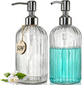 2PACK 18 Oz Glass Soap Dispenser with Rust Proof Stainless Steel Pump, Refillable Hand Soap Dispenser with Vertical Stripe, Premium Bathroom Soap Dispenser for Kitchen & Bathroom