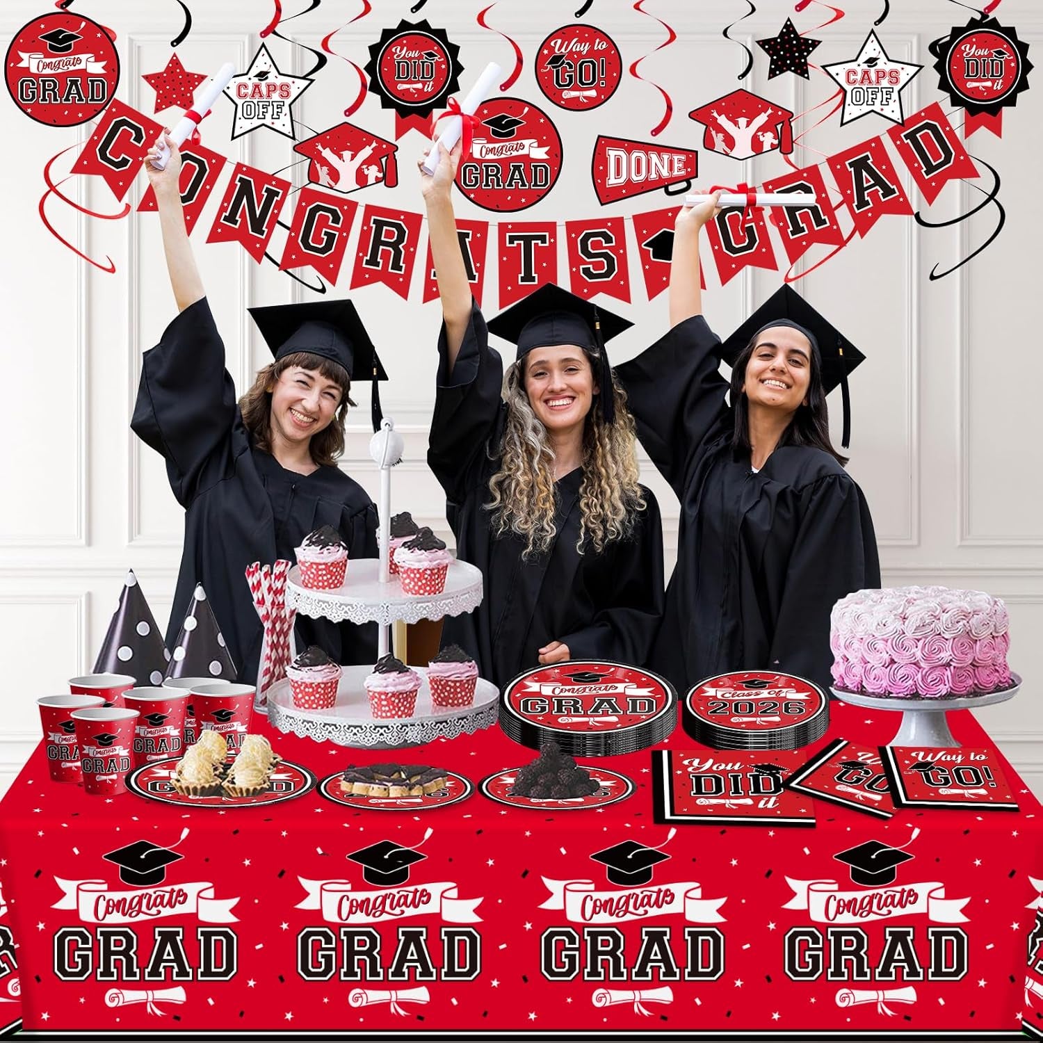 Graduation Decorations 2026 Red and Black, 265Pcs Disposable Tableware Kit for 50 Guests, Plates, Napkins, Cups, Tablecloth and Hanging 2026 Graduation Party Decorations