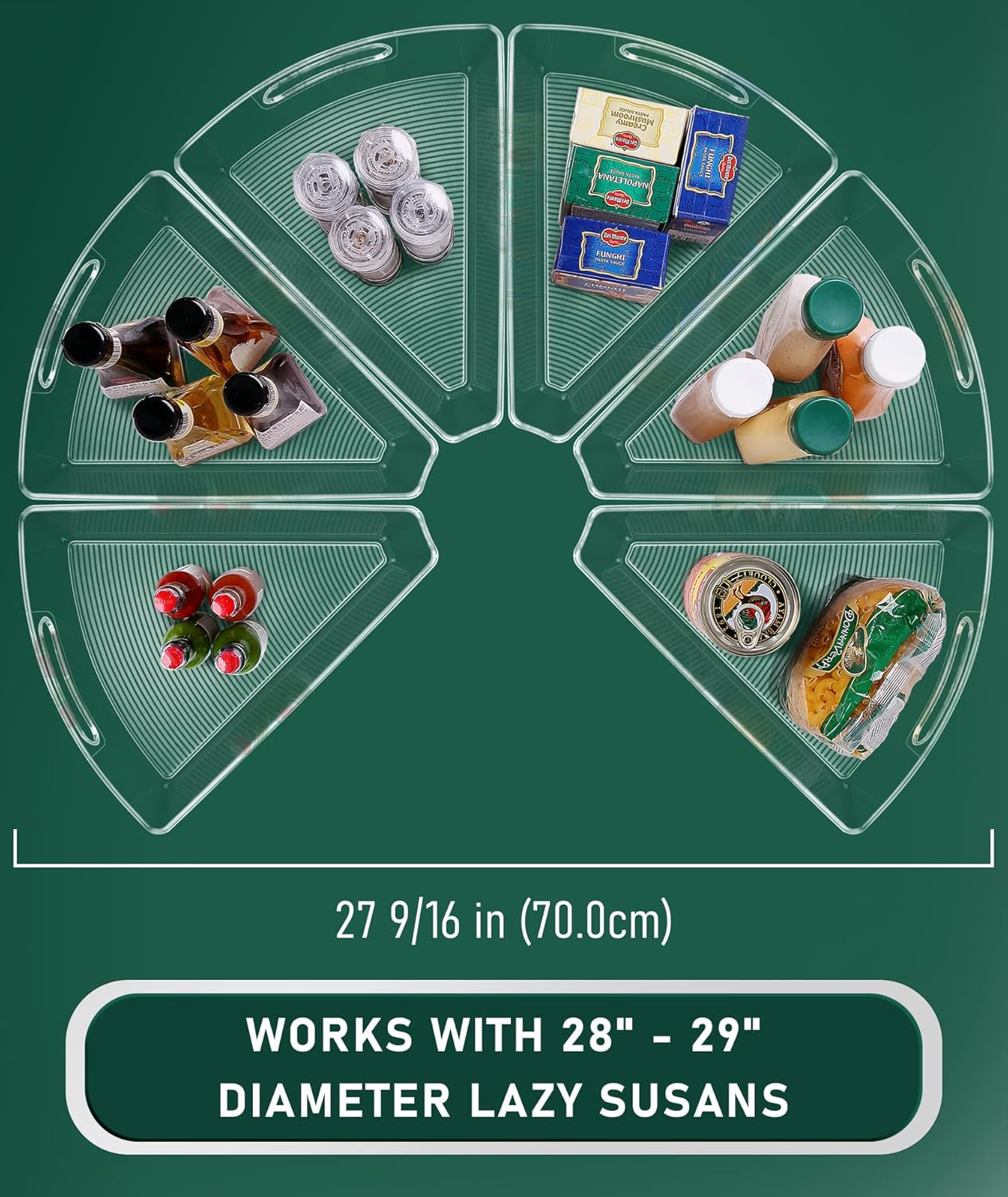 Lazy Susan Cabinet Organizer Bins for 26"/ 28"/ 32" Diameter Corner Organizer, Plastic Cabinet Storage Bin, 1/8 Wedge - Food Safe, BPA Free, with Non-Slip Pads (For 28" Diameter, 6 Pack)