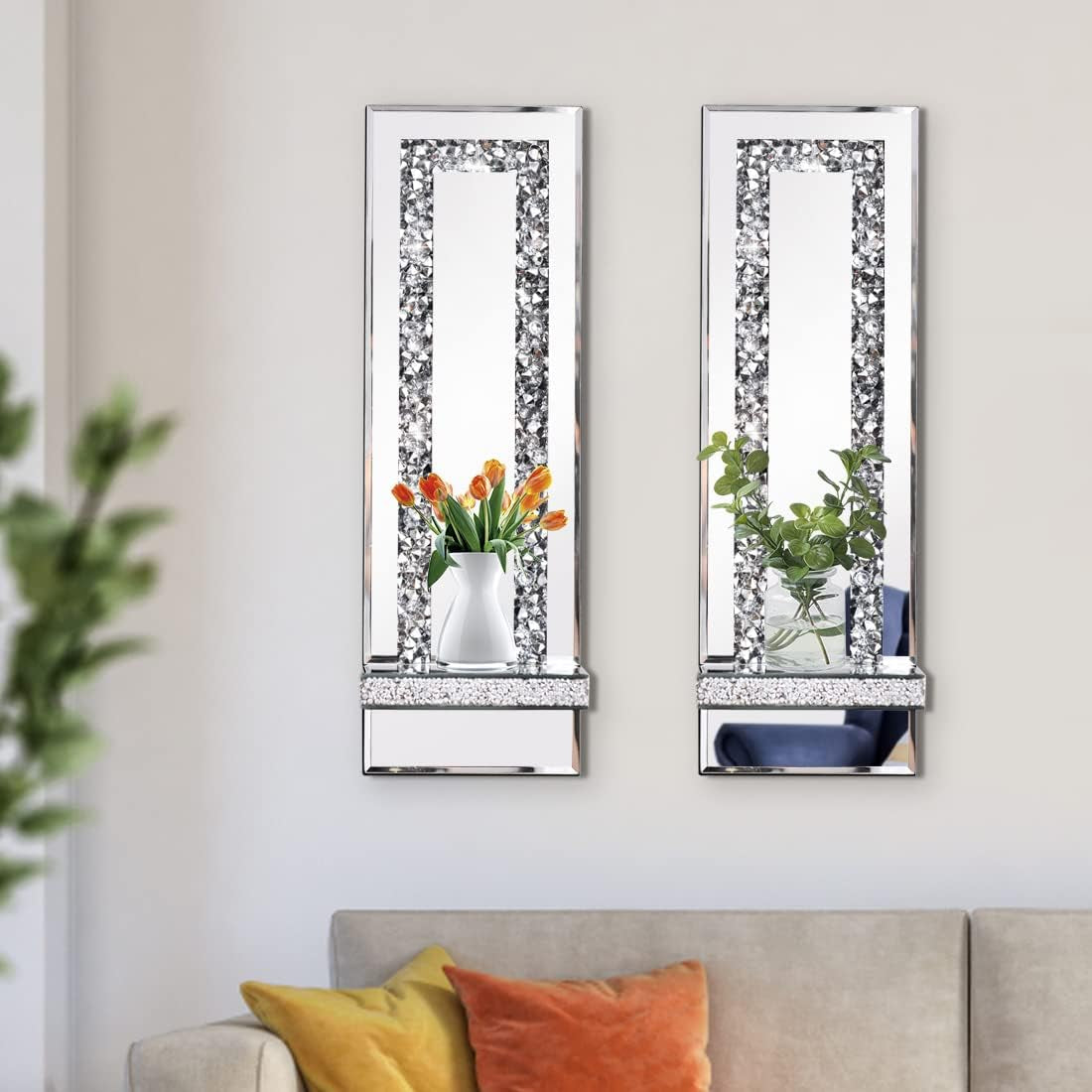 Crystal Crush Diamond Mirrored Candle Sconces, Silver Wall Candle Holder Set of 2, Wall Decorations for Living Roomï¼ŒDining Room (Rectangle Stripe (Style 4))