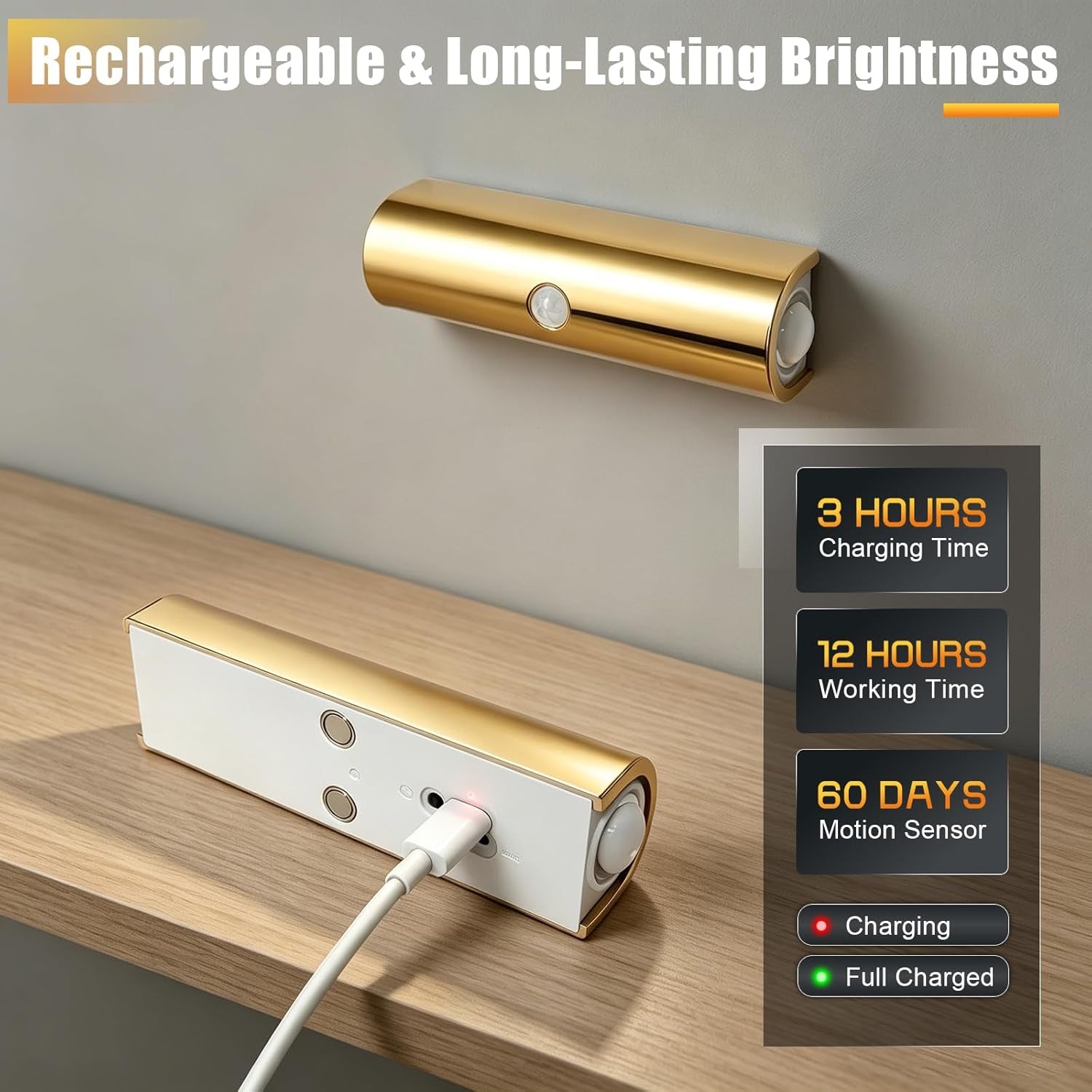 2 Pack Motion Sensor Wall Light, Rechargeable Wall Sconces Battery Operated with 3 Colors & Dimmable, Magnetic Wireless Wall Sconces for Stair Bedroom Hallway Bathroom (Gold)