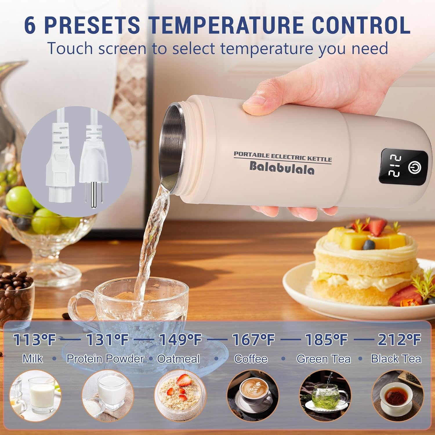 Travel Electric Kettle,  Portable Water Boiler with 6 Variable Presets,Small Electric Kettle with Keep Warm Temperature Controls & Boil Dry Protection, 17Oz,White