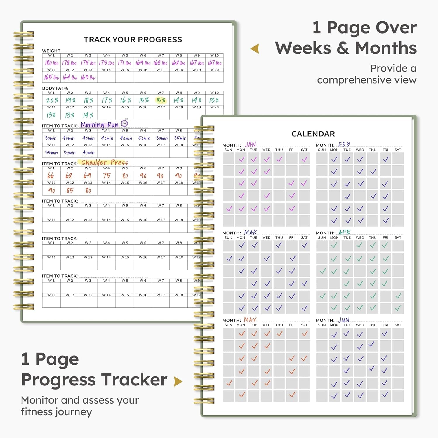 Fitness Workout Journal for Women & Men, A5(5.5" X 8.2") Workout Log Book Planner for Tracking, Progress, and Achieving Your Wellness Goals - Green