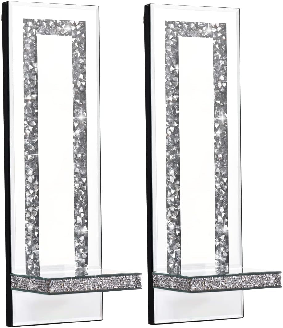 Crystal Crush Diamond Mirrored Candle Sconces, Silver Wall Candle Holder Set of 2, Wall Decorations for Living Roomï¼ŒDining Room (Rectangle Stripe (Style 4))