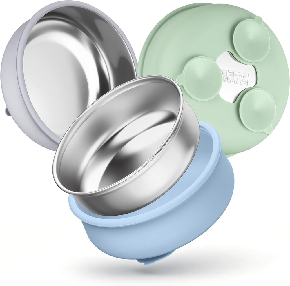 Baby Bowls with Suction, Stainless Steel Toddler Bowl with Removable Silicone Sleeve, Non-Slip Child Food Bowl with Silicone Suction, Unbreakable Kids Bowls for Feeding, Blue+Green+Grey, 3 Pack
