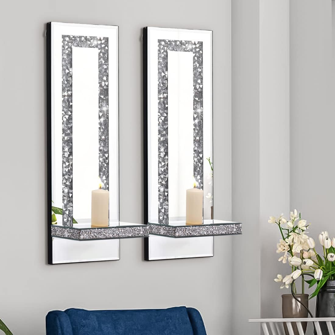Crystal Crush Diamond Mirrored Candle Sconces, Silver Wall Candle Holder Set of 2, Wall Decorations for Living Roomï¼ŒDining Room (Rectangle Stripe (Style 4))
