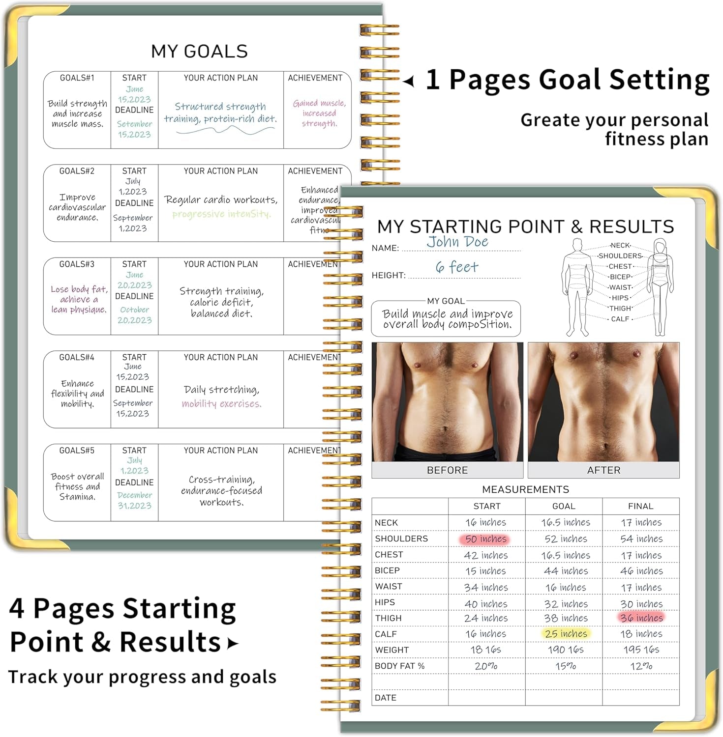 Fitness Workout Planner for Women & Men, A5(5.7" X 8.2") Workout Log Planner for Track Gym ＆ Home Workouts, Track Progress, Achieve Your Wellness Goals - Green