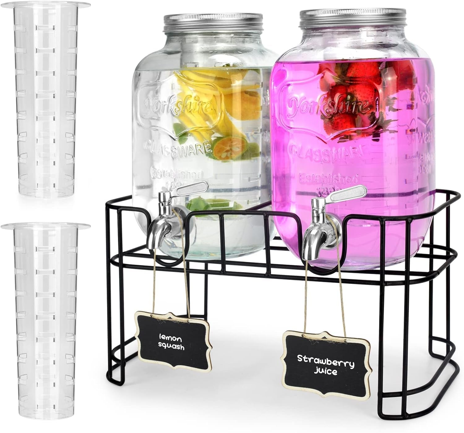 1 Gallon Glass Drink Dispensers for Parties 2Pack.Beverage Dispenser,Glass Drink Dispenser with Stand and Stainless Steel Spigot 100% Leakproof.Lemonade Dispenser with Ice Cylinder.Laundry Detergent