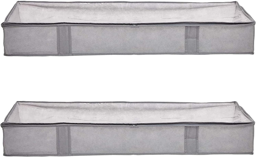 under Bed Storage Bags for Clothes and Blankets, Foldable Fabric Zipper Container with Clear Window and Reinforced Handles, Space Saving, 18 X 42 X 6 Inches, Gray, 2-Pack