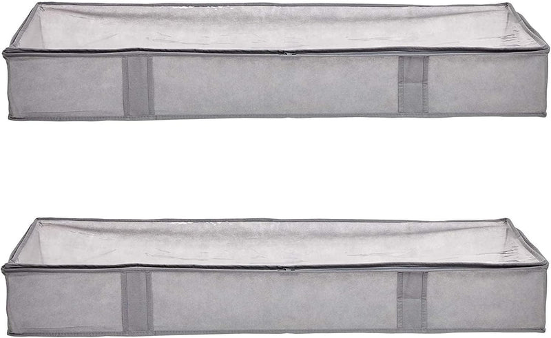 under Bed Storage Bags for Clothes and Blankets, Foldable Fabric Zipper Container with Clear Window and Reinforced Handles, Space Saving, 18 X 42 X 6 Inches, Gray, 2-Pack