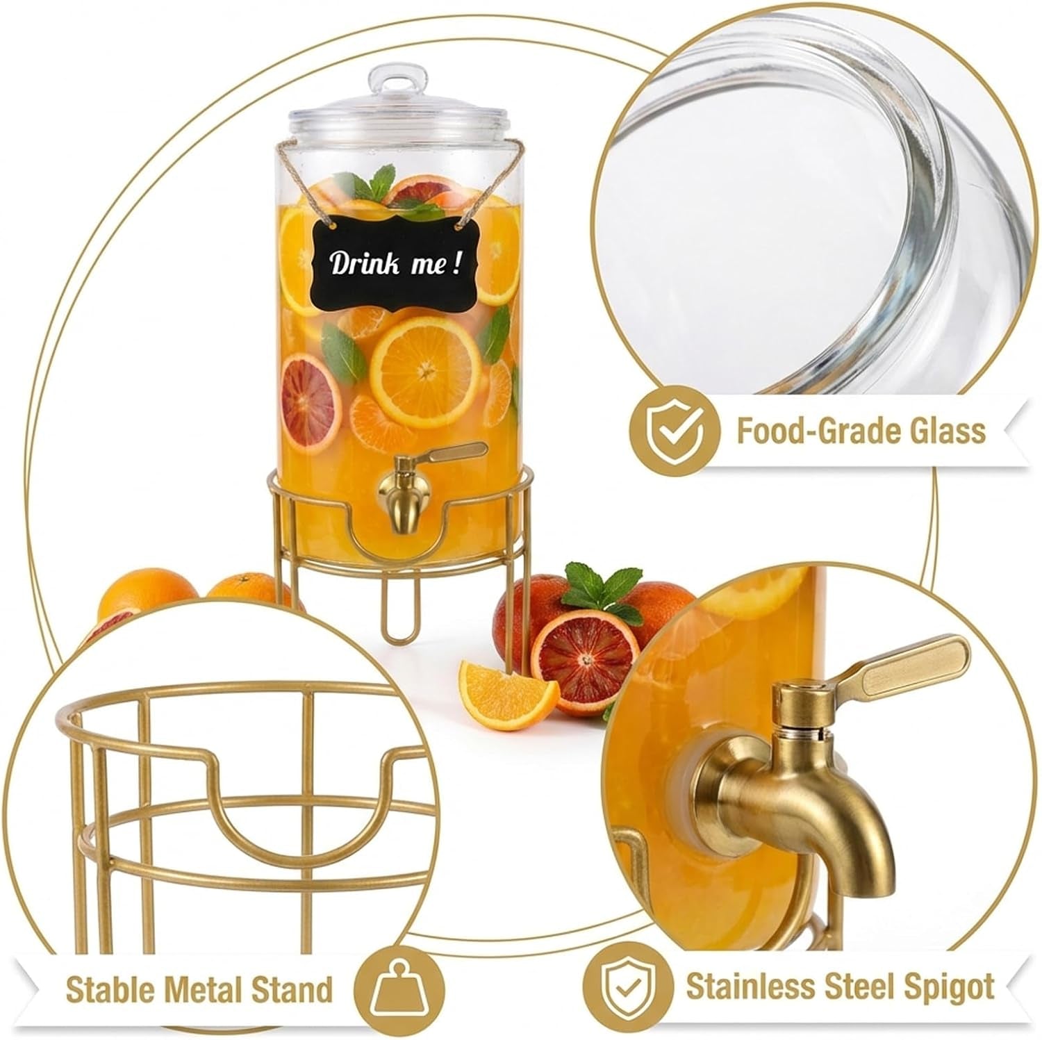 Drink Dispensers for Parties 1 Gallon, Bevarage Dispenser with Stand,Glass Drink Dispenser with Stainless Steel Spigot + Marker & Chalkboard, Ideal for Lemonade,Juice, Tea, and Party Drinks