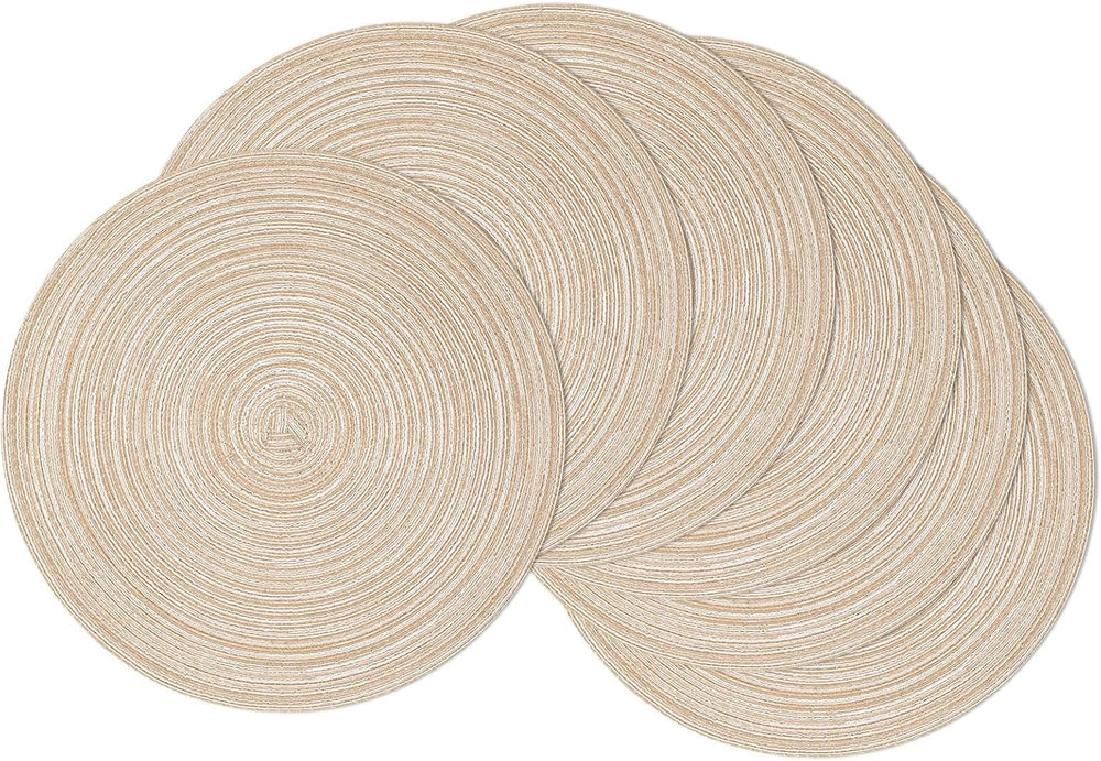 15 Inch round Placemats Set of 6, Cotton Polyester Woven Braided Place Mats, Washable Heat Resistant Circle Table Mats Dining Table Decor (Beige, 6)