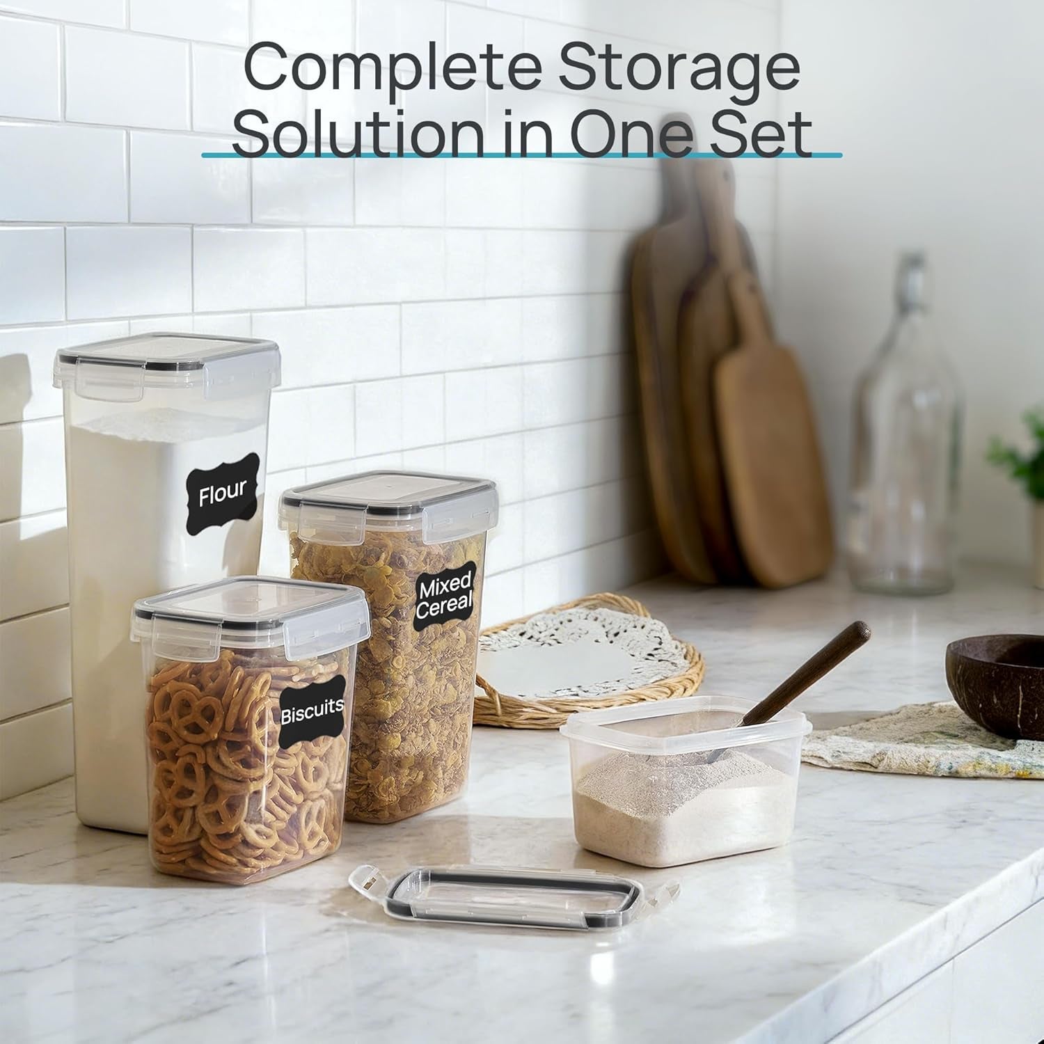 Airtight Food Storage Containers with Lids,  24 Pcs Plastic Kitchen and Pantry Organization Canisters for Cereal, Dry Food, Flour and Sugar, BPA Free, Includes 24 Labelsï¼ŒBlack