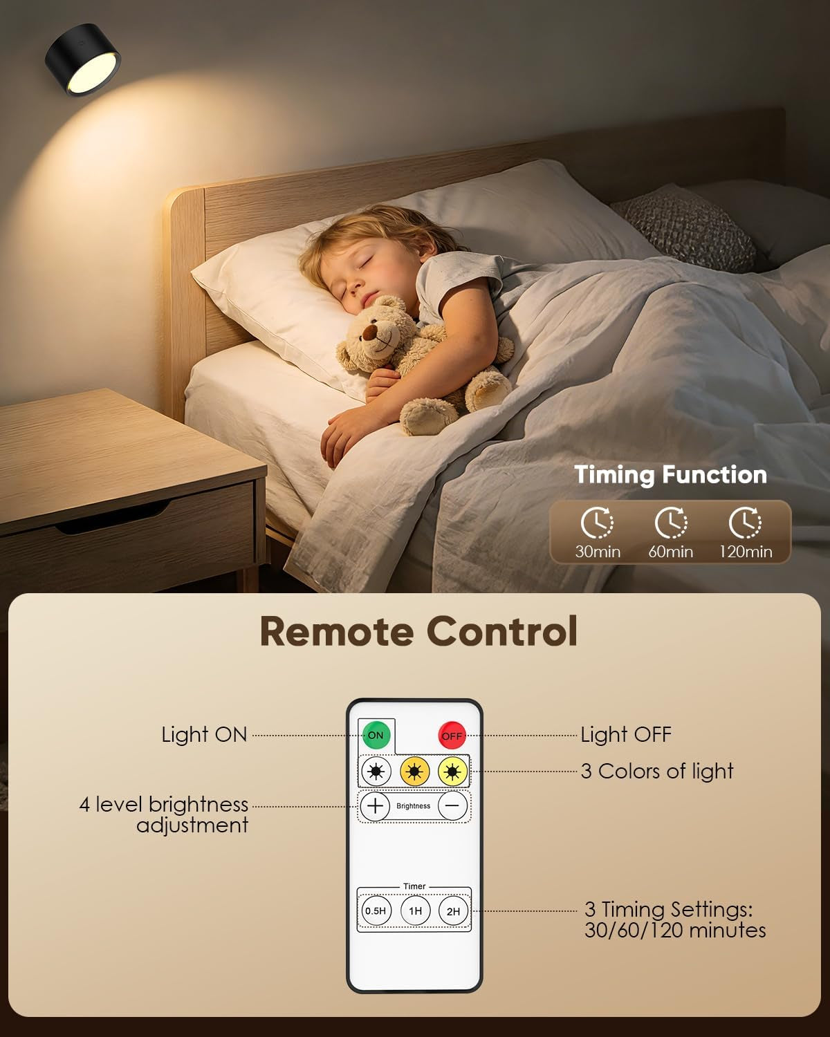 LED Wall Mounted Lights 2 Pcs with Remote, Rechargeable Wall Sconce with 3 Color Temps & Dimmable Magnetic 360Â° Rotation Cordless Light for Bedroom Reading Bedside