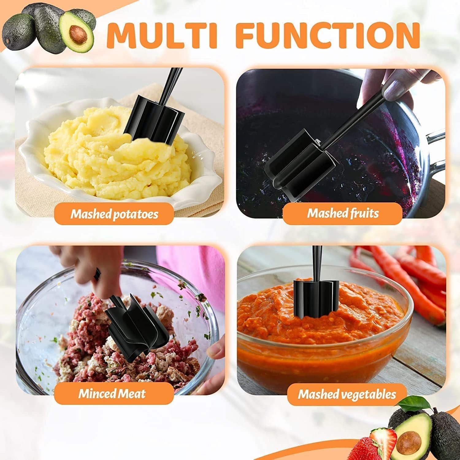Meat Chopper, Hamburger Chopper, Potato Masher-Professional Multifunctional Heat Resistant Nylon Ground Beef Smasher Kitchen Tools and Gadgets, â€‹Safe for Non-Stick Cookware