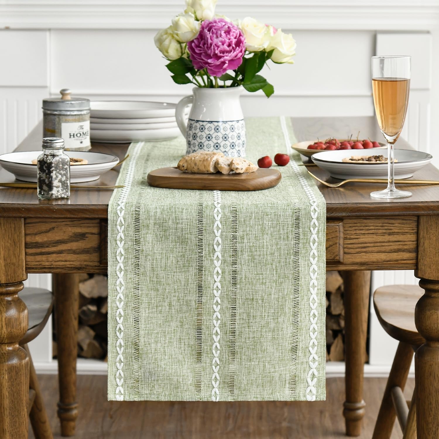 Sage Green Rustic Cotton Linen Table Runner, Seasonal Embroidered Hollow Kitchen Dining Table Decoration for Home Party Decor 13X72 Inch