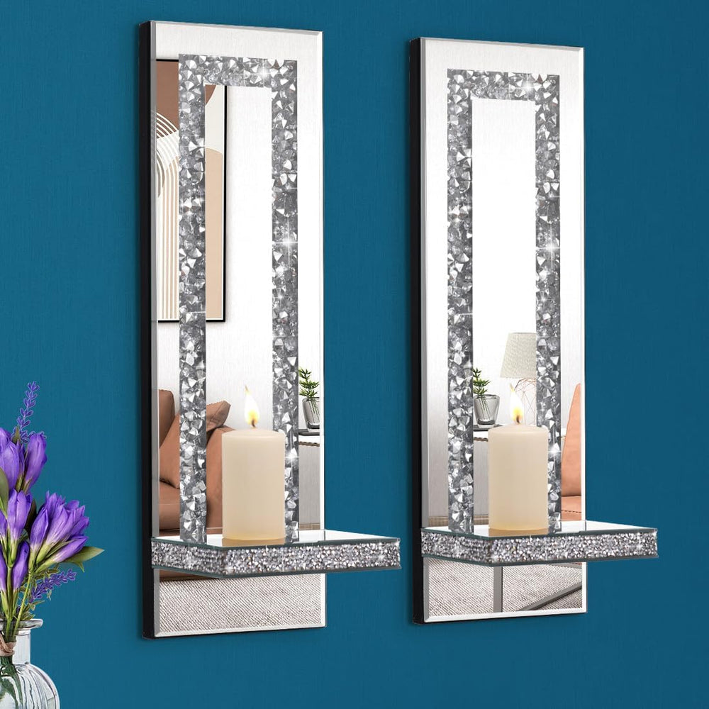 Crystal Crush Diamond Mirrored Candle Sconces, Silver Wall Candle Holder Set of 2, Wall Decorations for Living Roomï¼ŒDining Room (Rectangle Stripe (Style 4))