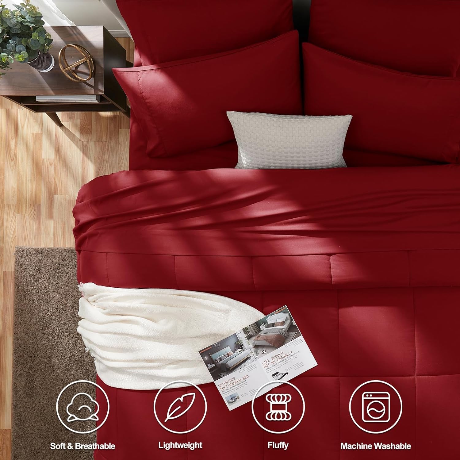 Full Size Comforter Sets Dark Red, 7 Pieces Bed in a Bag, Red Comforter Full Size, All Season Bedding Sets with Stitch Quilted Comforter, Flat Sheet, Fitted Sheet, Pillowcases