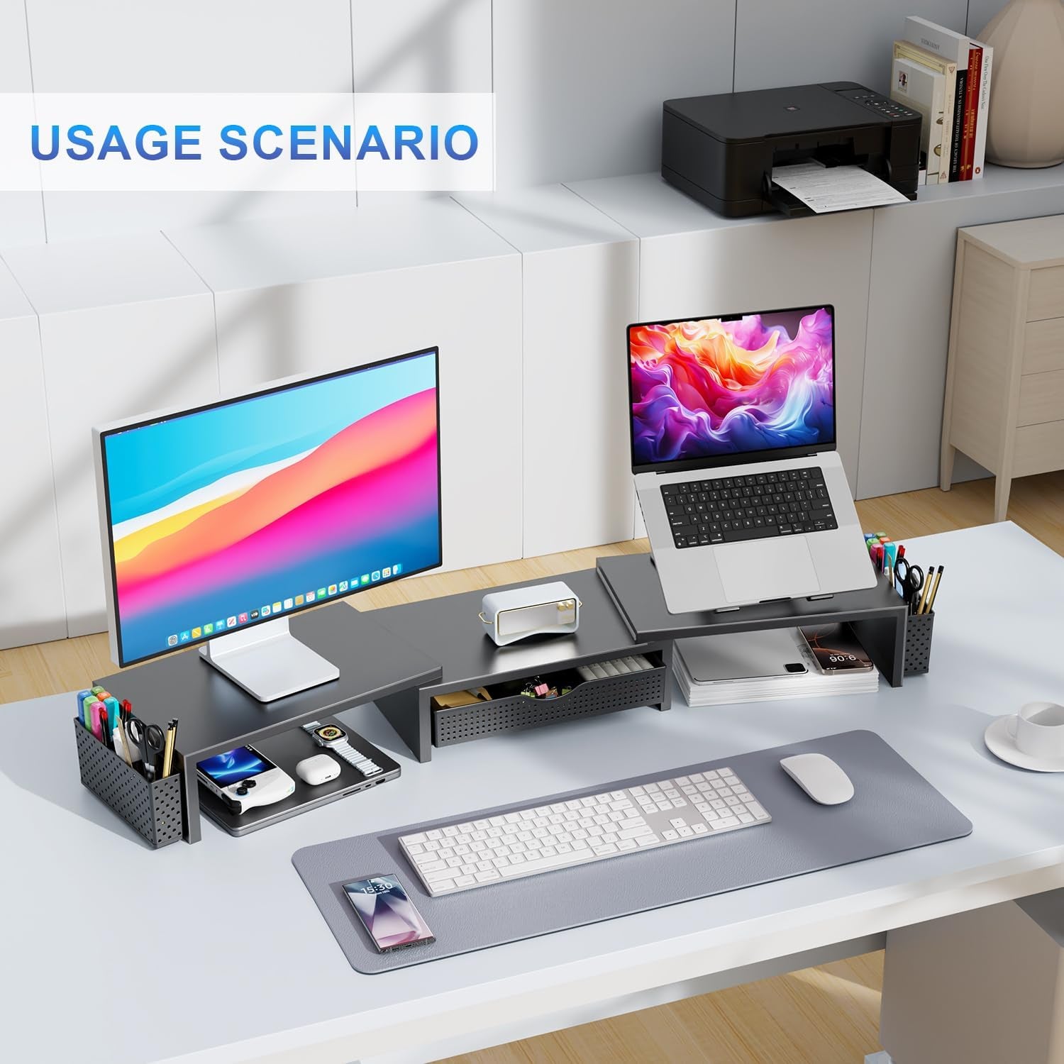 Dual Monitor Stand Riser, Desk Organizer with Drawer and 2 Pen Holders, Computer Monitor Stand, Desk Shelf for Top of Desk (Black)