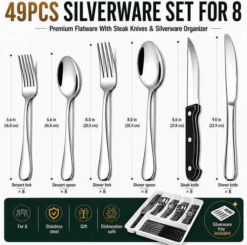 49-Piece Silverware Set with Organizer, Stainless Steel Flatware Utensils Set for 8, Forks and Spoons Silverware Set Cutlery Set with Steak Knives, Dishwasher Safe