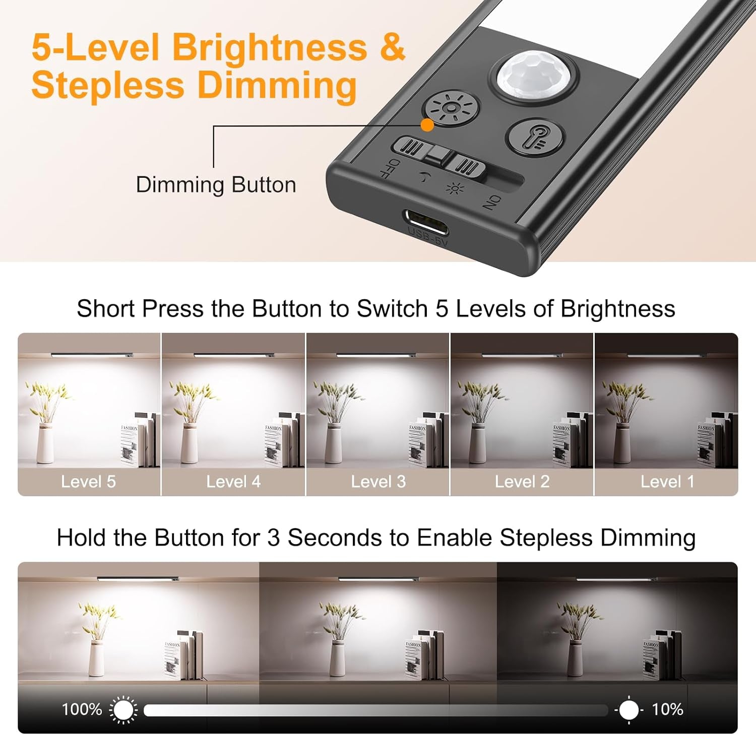 14.7Inch under Cabinet Lighting Rechargeable 2 Pack- 3 Color Temps&5 Level Brightness, Super Bright, 4 Modes, Motion Sensor, Long Lasting - Easy Installation Magnetic under Closet Lights-Black