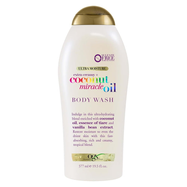 OGX Extra Creamy + Coconut Miracle Oil Ultra Moisture Body Wash, Rich Shower Gel for Dry Skin Infused with Coconut Oil, Body Wash for Women, Sulfate-Free Surfactants, 19.5 Fl. Oz