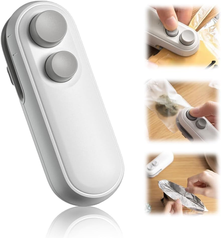 Mini Bag Sealer, 2 in 1 Portable Handheld Vacuum Food Storage Sealer Portable Bag Sealer Heat Seal, Vacuum Food Sealer Bag Sealing Machine for Plastic Bags Snack Bags (White)