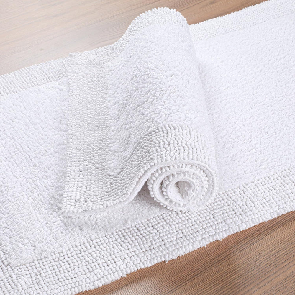 Reversible White Cotton Bath Mat Rug â€“ 17X24, Water Absorbent, Machine Washable Bathroom Rug Mat for outside Bathtub