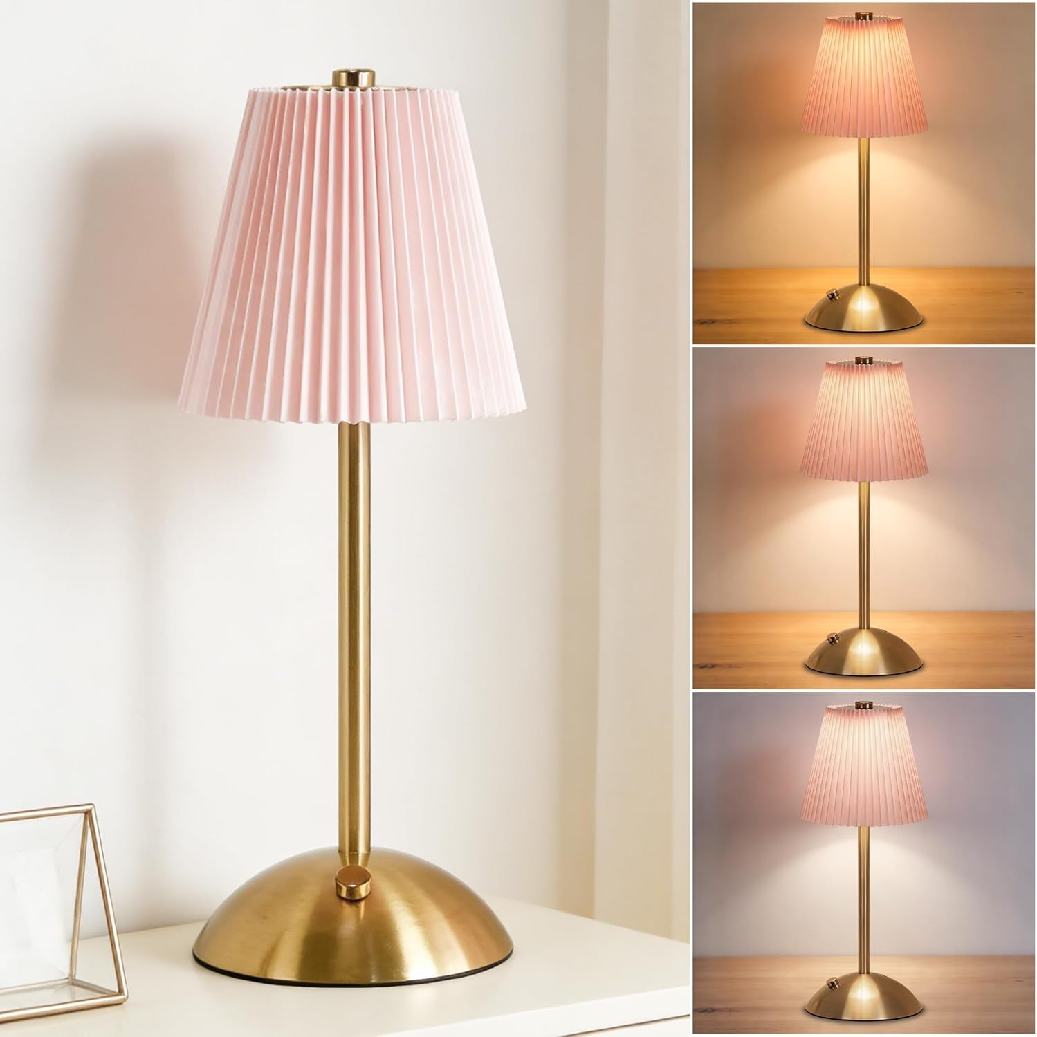 Cordless Table Lamp,Touch Led Reading Light,Small Desk Lamp with 3 Colors,Portable Battery Operated Light with Fabric Shade,Dimmable Night Light for Bedroom Living Room Office(Pink)