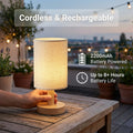 Small Cordless Bedside Table Lamp, Rechargeable 2200Mah Battery Powered Lamp with Touch Control, 2700K Warm Dimmable Lamp Natural Wood Base Linen Shade for Bedroom Dorm Nursery Outdoor Patio Camping