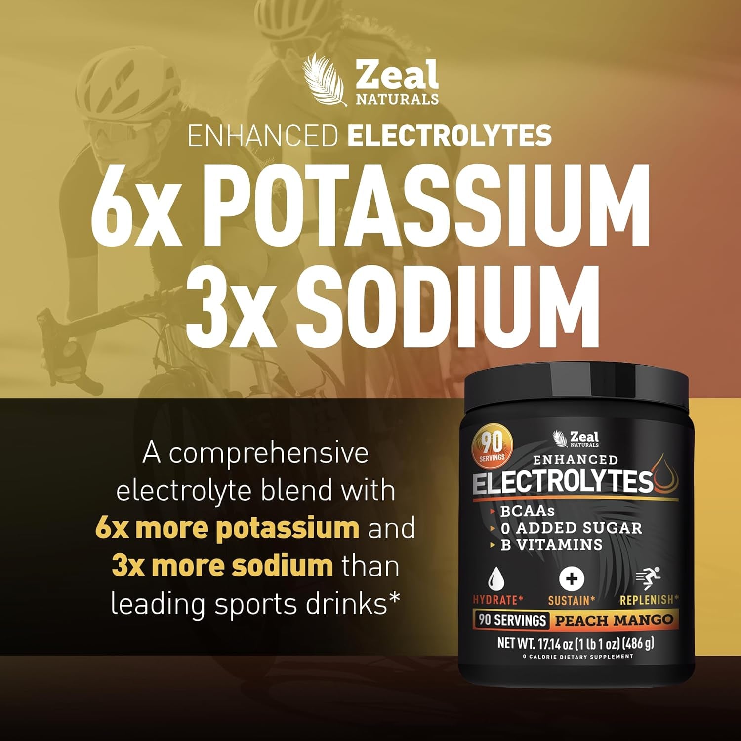 Zeal Electrolyte Powder - 90 Servings | Keto Electrolytes Powder | Zero Sugar, Bcaas, B-Vitamins | Potassium, Zinc, Magnesium | Hydration Powder Recovery Drink | Peach Mango