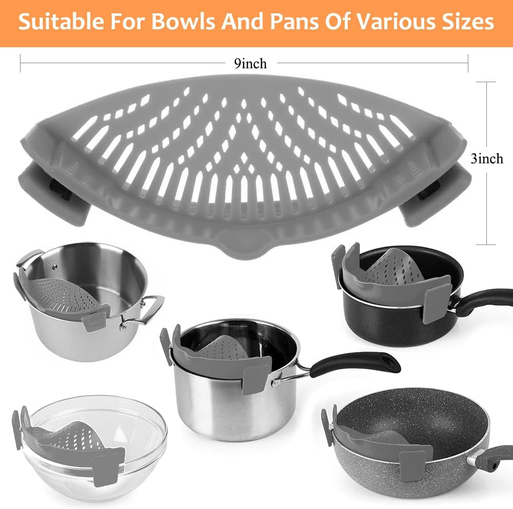 Clip on Strainer for All Pots Pan,Silicone Pasta Strainer Kitchen Gadgets,Collapsible Colander for Noodle,Vegetables,Fruit,Spaghetti (Grey)