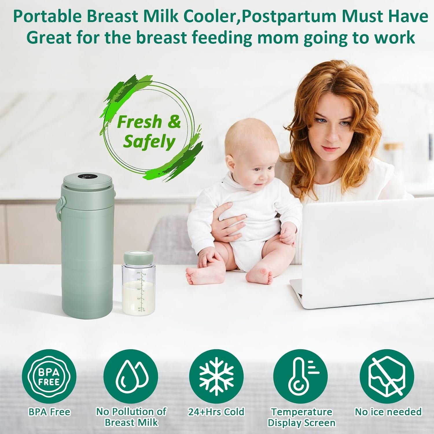 Portable Breast Milk Cooler for Outdoors & Work, 360Â° Total Cooling Keeps Milk Fresh for 24 Hours, 19Oz Large Capacity Travel Breastmilk Chiller with Temp Display & 2Pcs Bottle for Breastmilk Storage