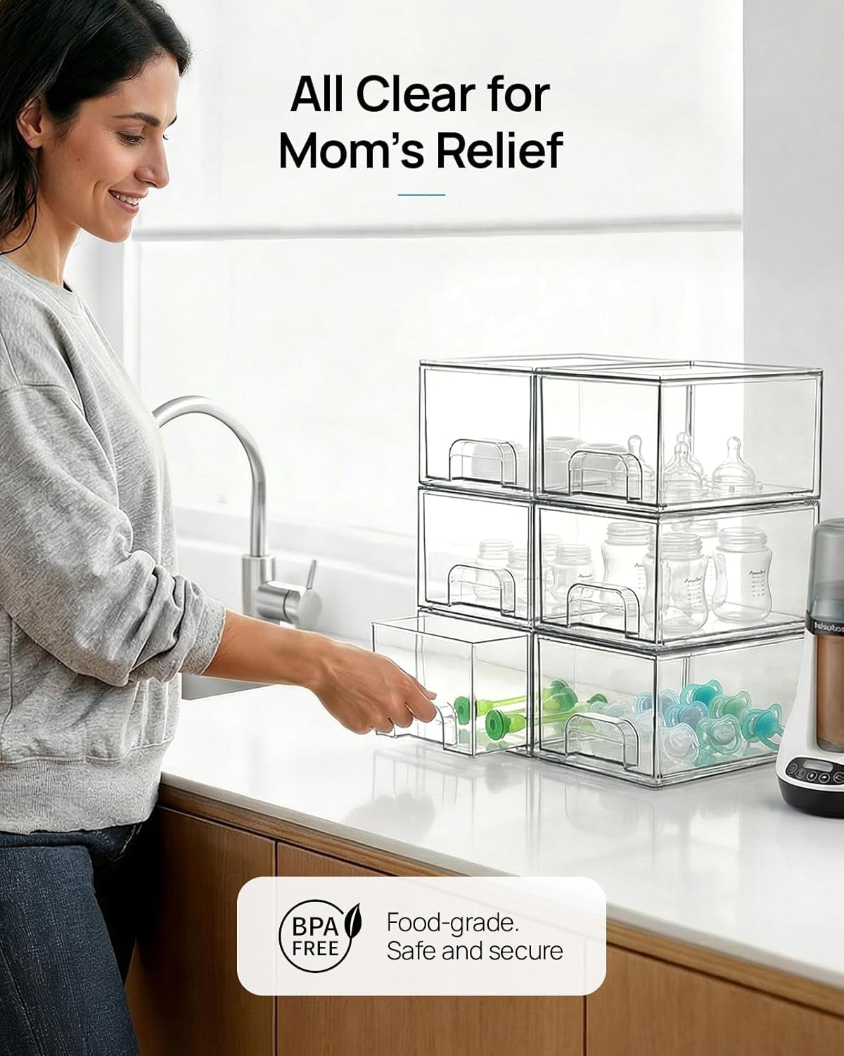 4 Pack Small Clear Stackable Storage Drawers,Acrylic Bathroom Makeup Organizer,Plastic Storage Bins for Vanity, Undersink, Kitchen Cabinets, Pantry, Home Organization