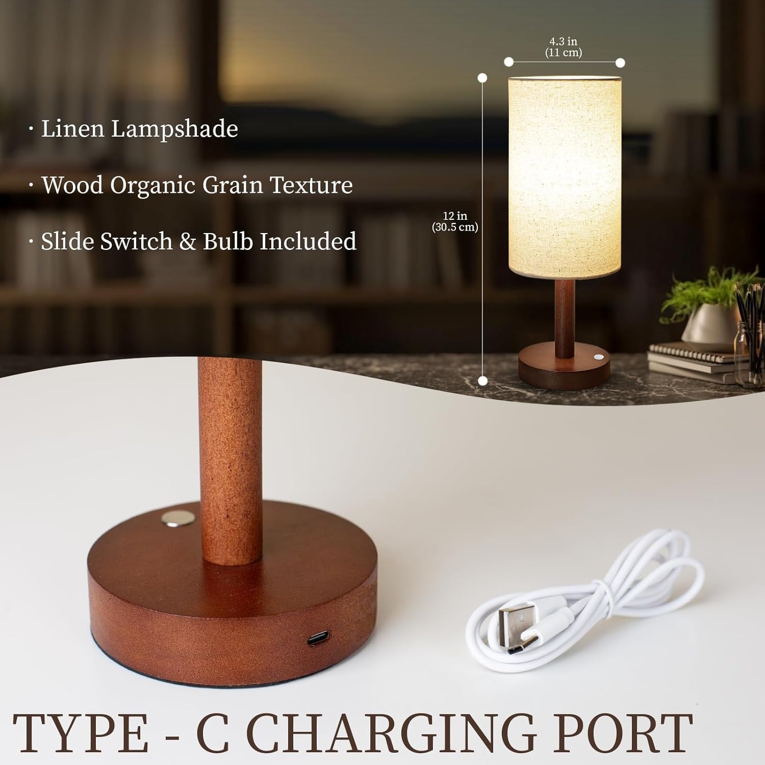 Cordless Table Lamp, 3 Color Dimming Portable Battery Lamp, Touch Control Wood Base Small Bedside Lamps for Night Stands, Living Room, Office(Led Bulb Included) (Cordless Wood Base)
