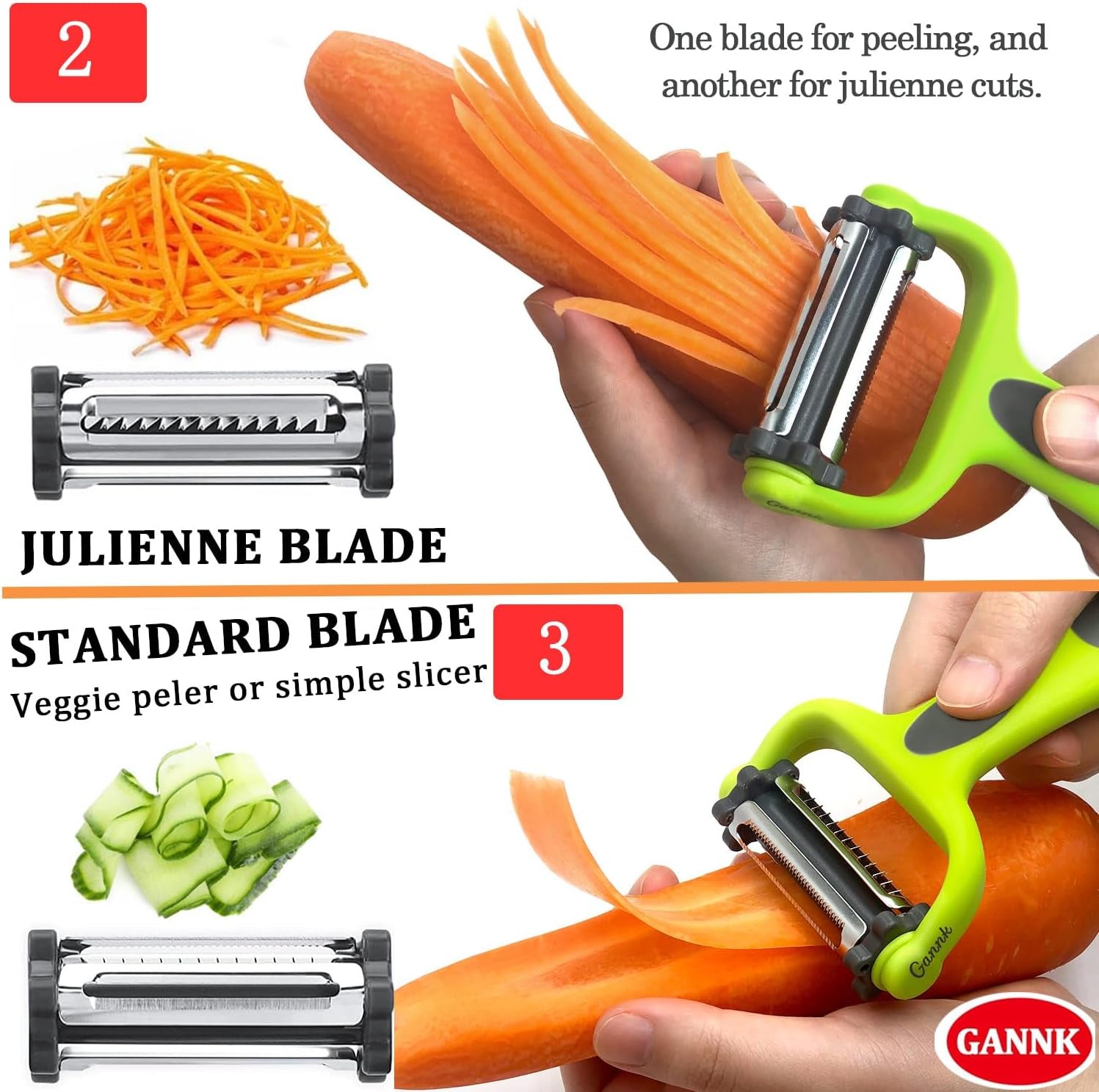 Potato Apple Vegetable Peelers for Kitchen, I and Y Peelers for Fruit Veggie Potatoes Carrot Cucumber, 3 in 1 Blade Spin Design with Julienne Function