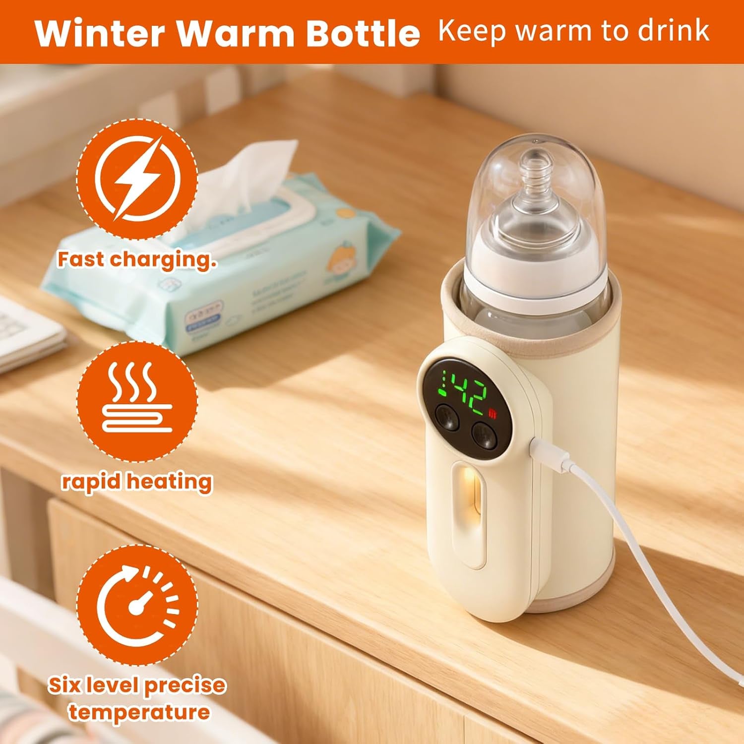 Portable Baby Bottle Warmer, Baby Milk Warmer, Rechargeable 8000Mah Battery, Breast Milk Warmer with Defrost Function, Compatible with All Baby Bottles Ideal for Home and Travel Use