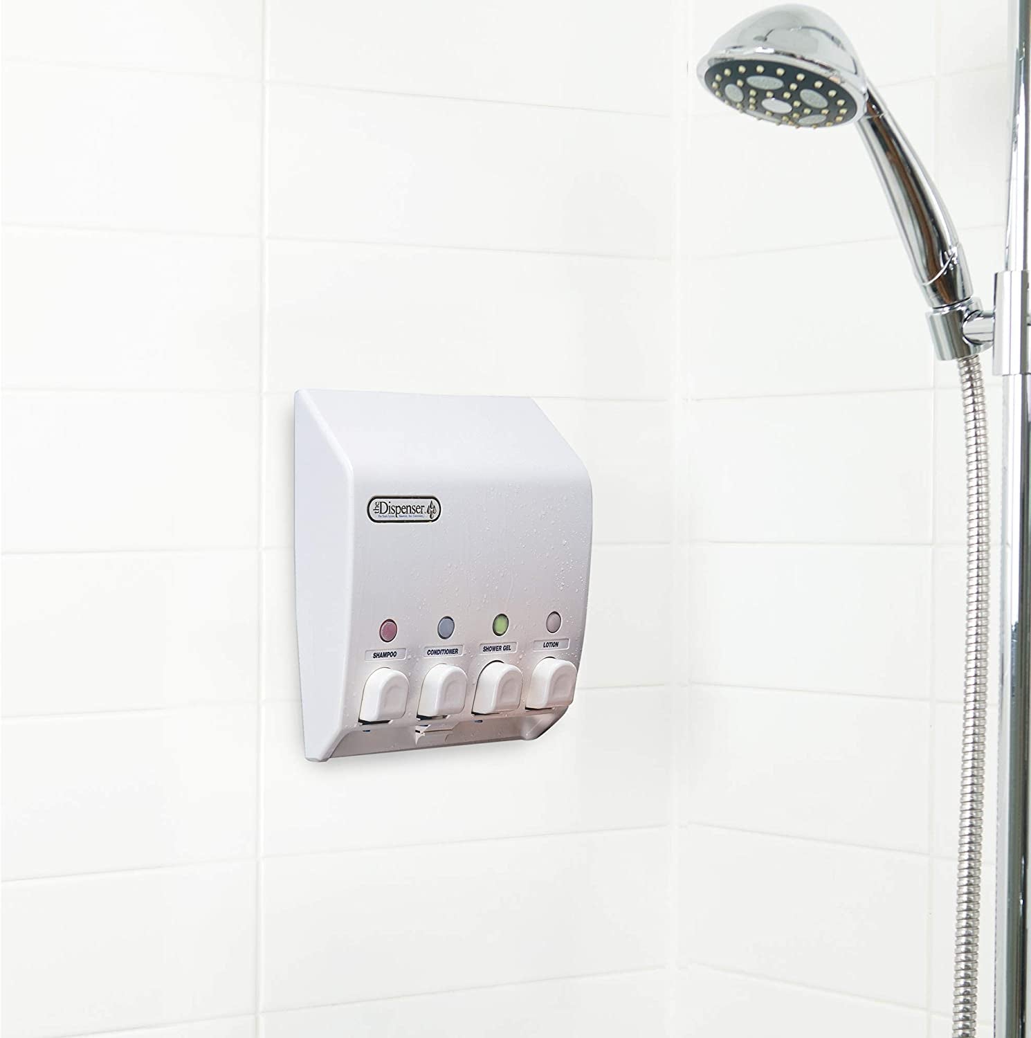Classic Shower Dispenser 4 Chamber, Wall Mount Shower Shampoo and Soap Dispenser for Bathroom Hotel Body Wash, No Drill Adhesive, 4 X 14.5 Oz, 9.5" X 3" X 10.75", White