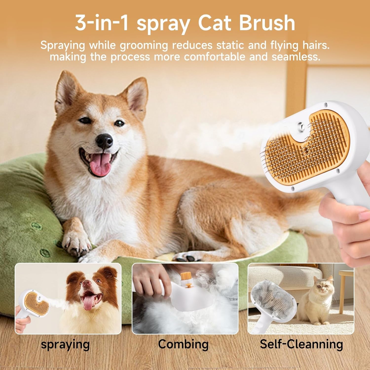 Pet Steam Brush for Dog & Cat – 3-In-1 Spray Hair Removal Comb for Shedding & Grooming, Softens Fur & Reduces Static – Water Brush for Long & Short Coats, Bath-Hating Pets, Includes Waterless Shampoo