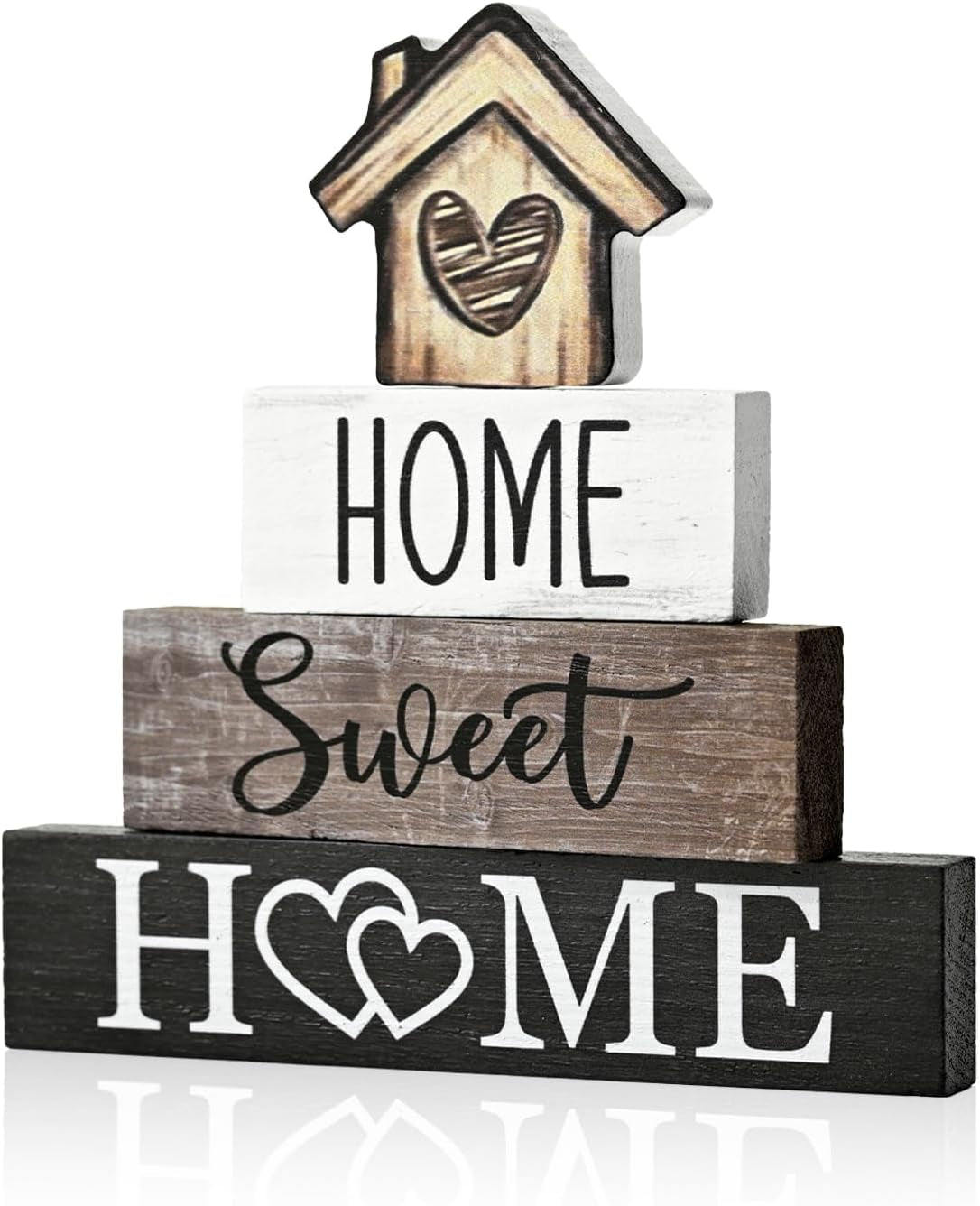 Smile 4 Pcs Farmhouse Wooden Tabletop Decor Home Tiered Tray Decoration, Rustic Retro Neutral Wood House-Shaped Block Sign, Centerpiece Suitable for Home Shelves Fireplace Mantels