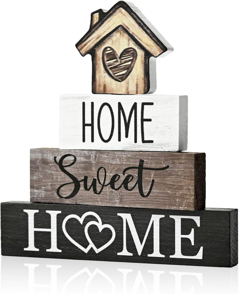 Smile 4 Pcs Farmhouse Wooden Tabletop Decor Home Tiered Tray Decoration, Rustic Retro Neutral Wood House-Shaped Block Sign, Centerpiece Suitable for Home Shelves Fireplace Mantels