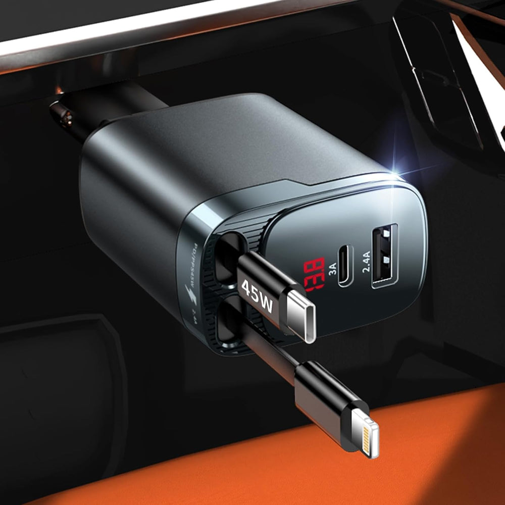 Retractable Car Charger 4 in 1, Car Charger USB C Fast Charge 84W Cigarette Lighter USB Charger, Travel Essentials Car Accessories Gifts for Men Women for Iphone 17 16 15 14 13 12 Pro Max, Samsung