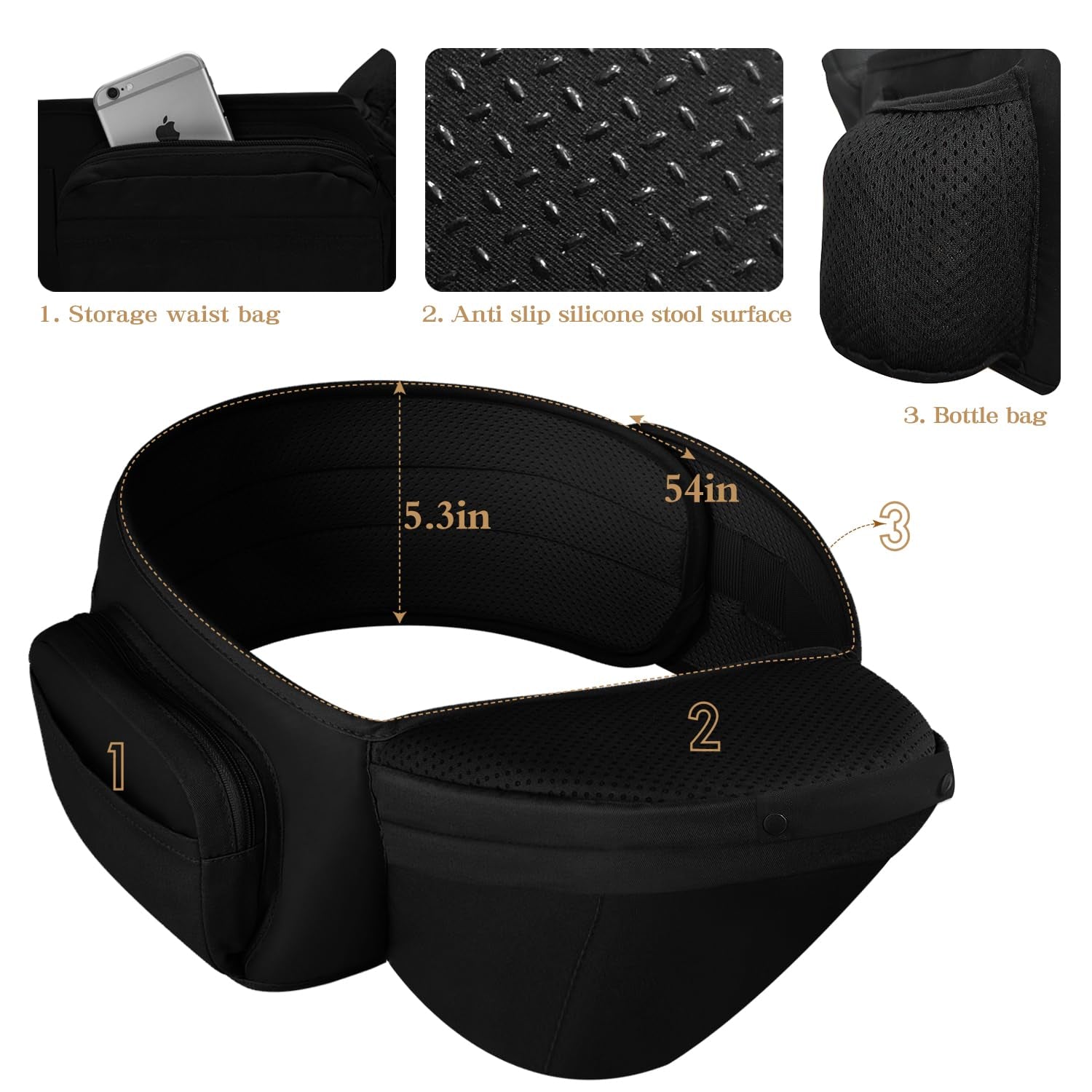Baby Carrier Newborn to Toddler,Baby Carrier with Hip Seat,Ergonomic, Safety-Certified Baby Hip Carrier with Foldable Neck Support Pod,12 in 1 Baby Holder Carrier with Adjustable Waist Belt-Black