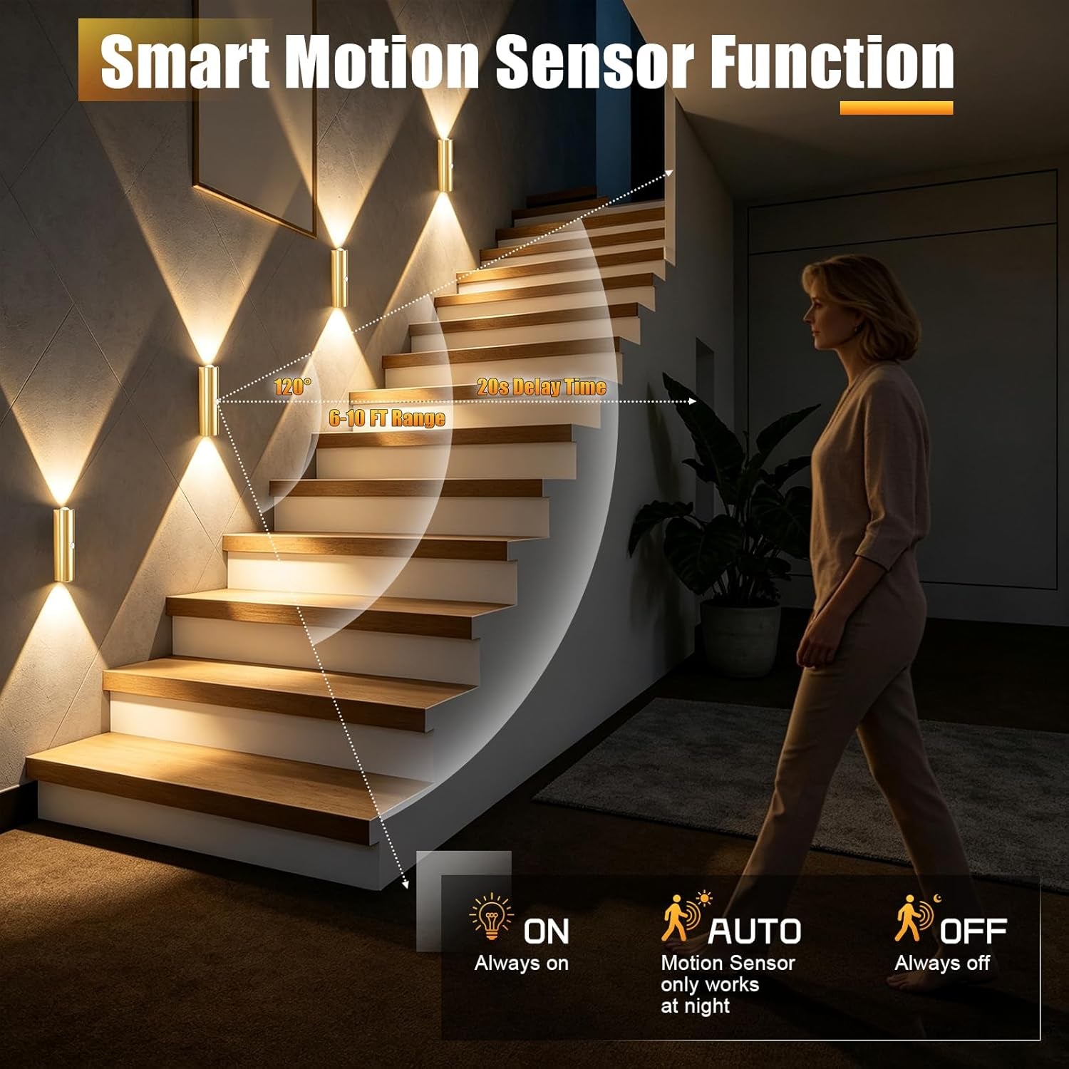 2 Pack Motion Sensor Wall Light, Rechargeable Wall Sconces Battery Operated with 3 Colors & Dimmable, Magnetic Wireless Wall Sconces for Stair Bedroom Hallway Bathroom (Gold)