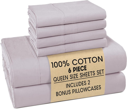 100% Cotton Queen Size Sheets â€“ Crisp Percale Sheets Queen with 4 Pillowcases, with 15" Deep Pocket Sheet for Secure Fit, Ultra Soft & Cozy, Excellent Quality & Fit â€“ Grey Lavender