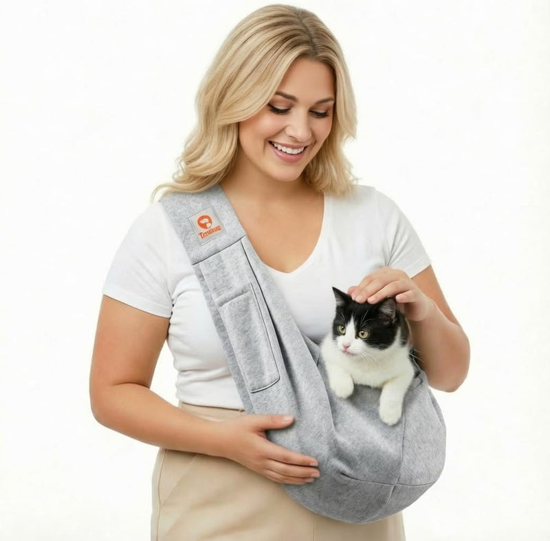 Small Dog Cat Sling Carrier Puppy Purse Travel Wrap Soft Crossbody Pet Bag (Gray, M - Classic Pocket & Classic Strap)